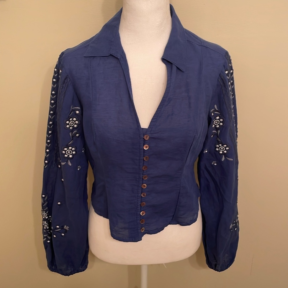 Free People Cropped Blue Linen Blend Floral Embroidered Puff Sleeves Small Top
